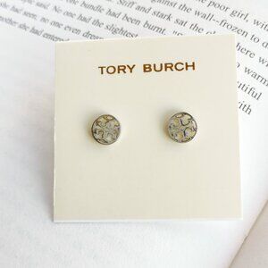 NEW Tory Burch Miller Silver Logo Circle Stud Earrings Authentic